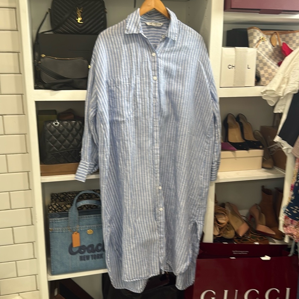 Zara Blue & White Linen Striped Dress S